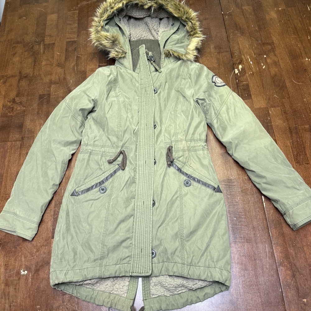 Abercrombie Fitch Parka Jacket Small Olive Faux Fur Hooded Sherpa Lined Military